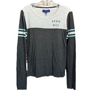 Aeropostale Logo Gray Crew Neck Jersey Knit Top Size M Long‎ Sleeve Soft